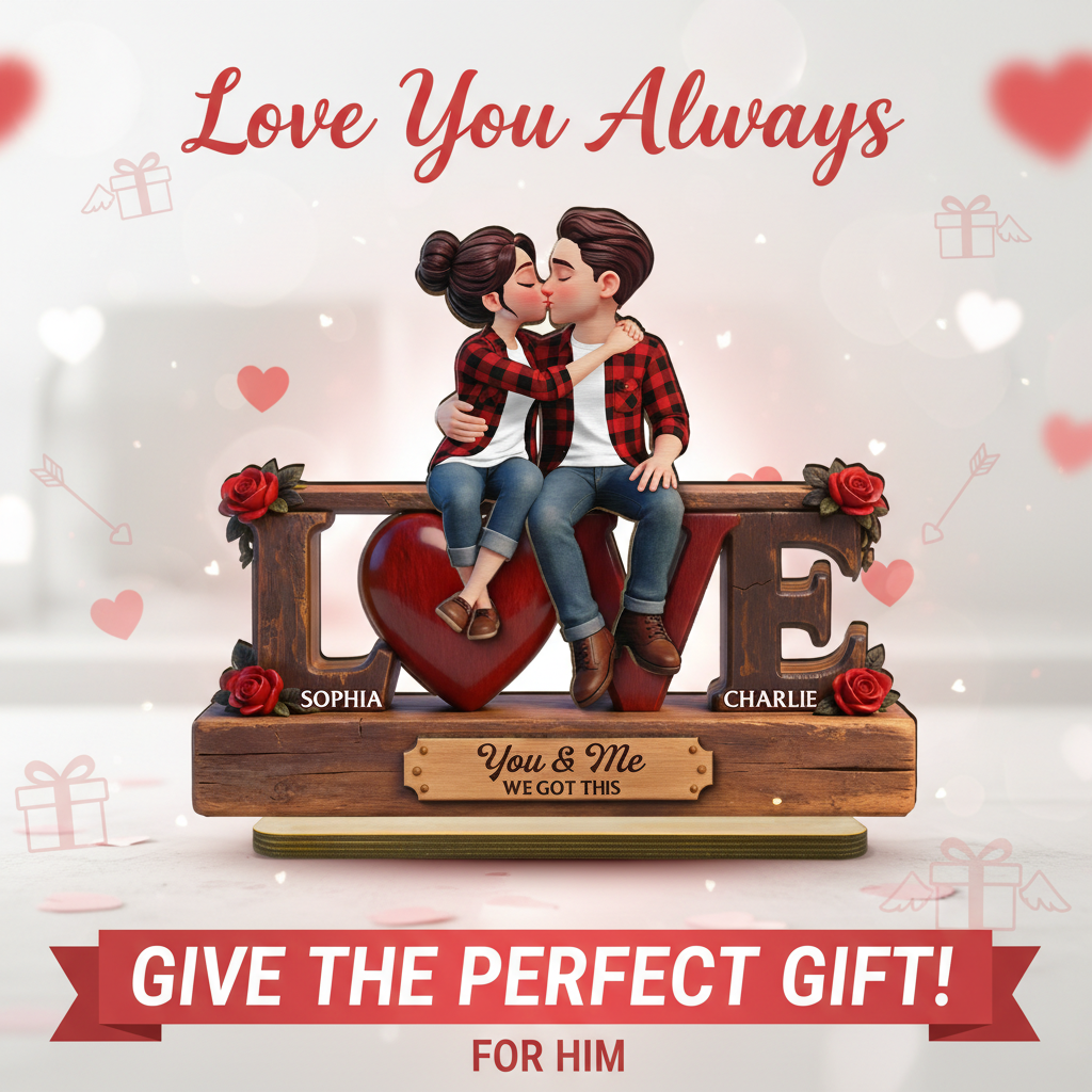Eternal Rose LOVE Couple Forever Together - Personalized 2-Layered Wooden Plaque - Heartfelt Gift For Couple, For Him, For Her