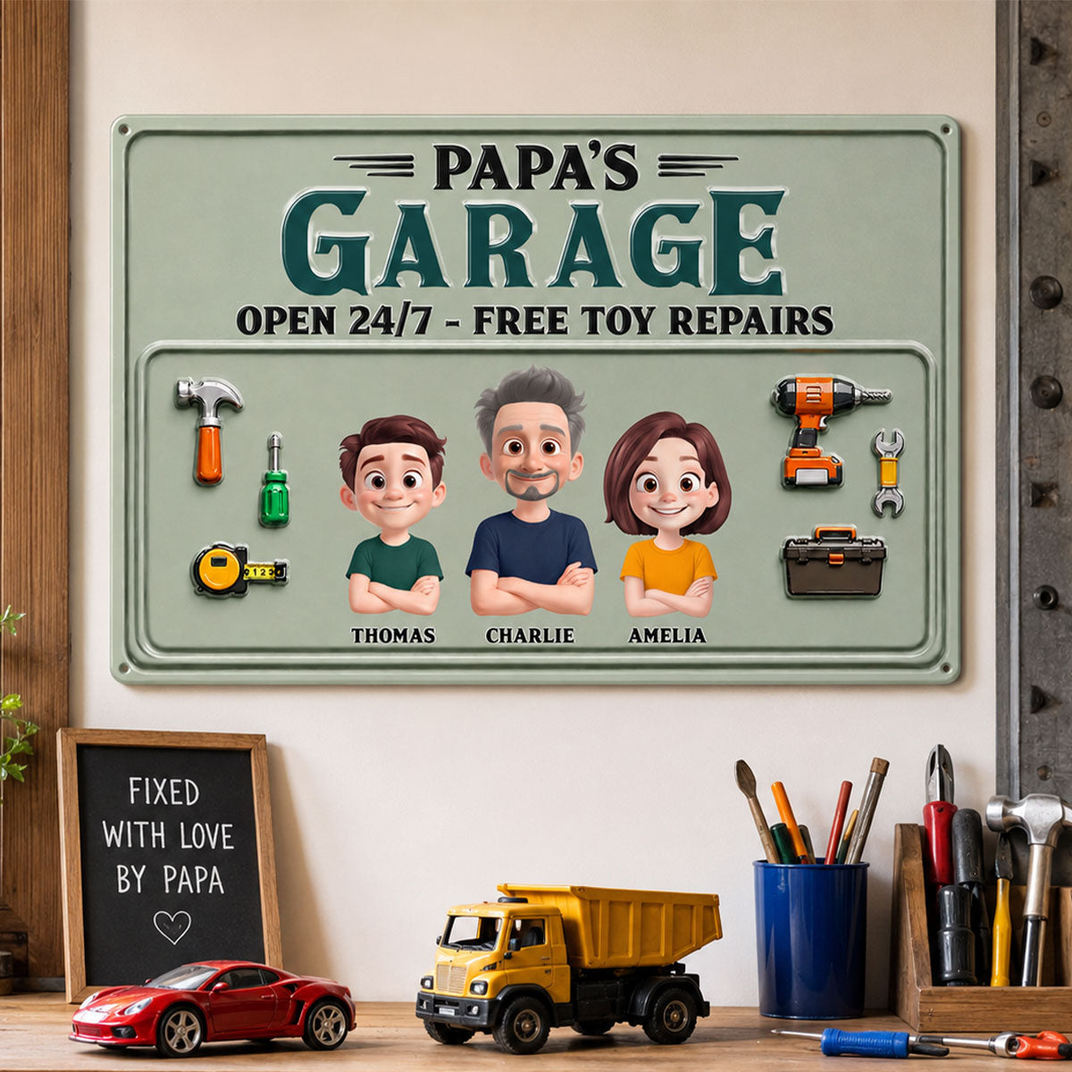 Dad's Garage Open 24/7 Free Toy Repairs - Personalized Metal Sign - Heartfelt Gift For Dad, Grandpa, Husband