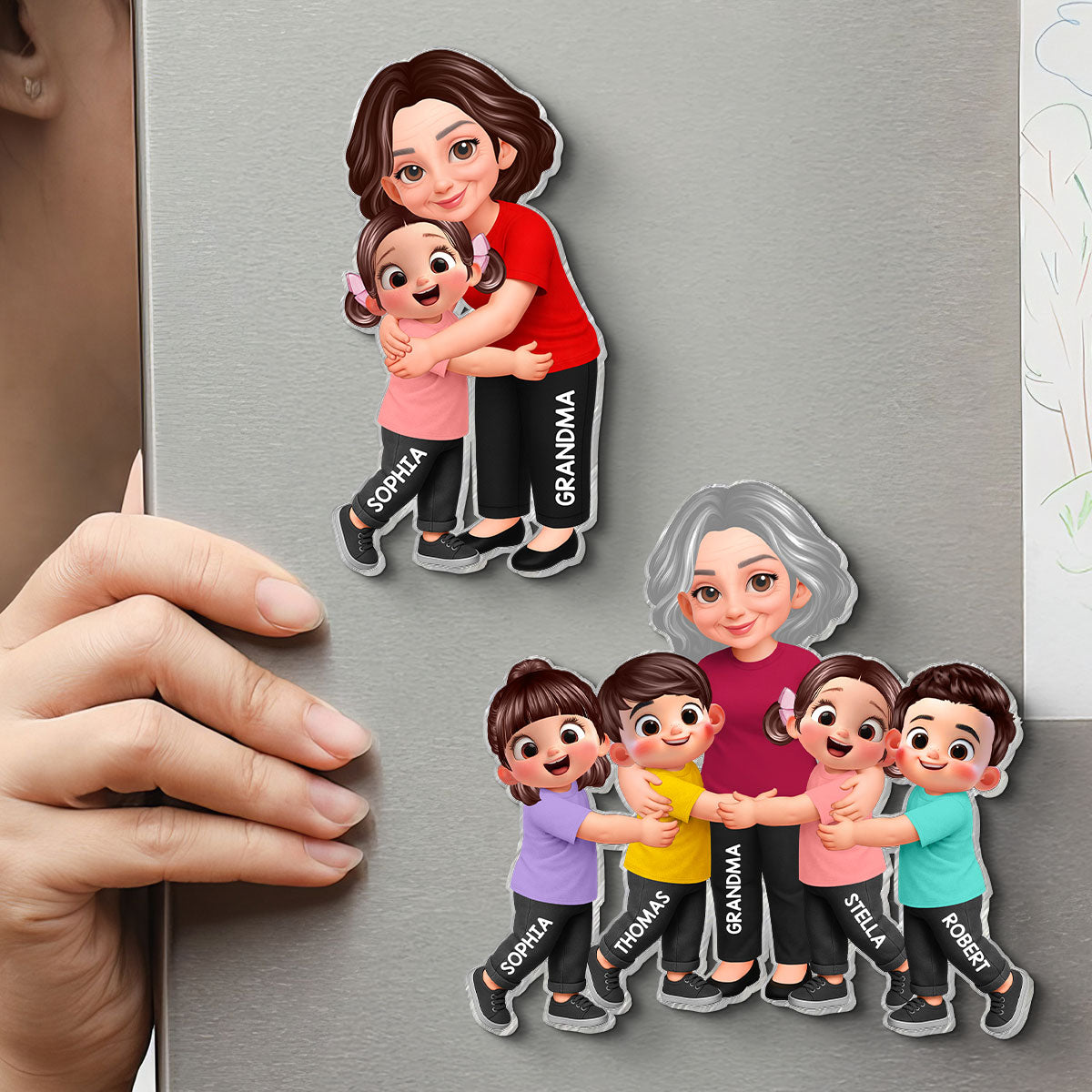 Grandma Grandkids Hugging - Personalized Acrylic Fridge Magnet - Heartfelt Gift For Grandma, Mom, Wife