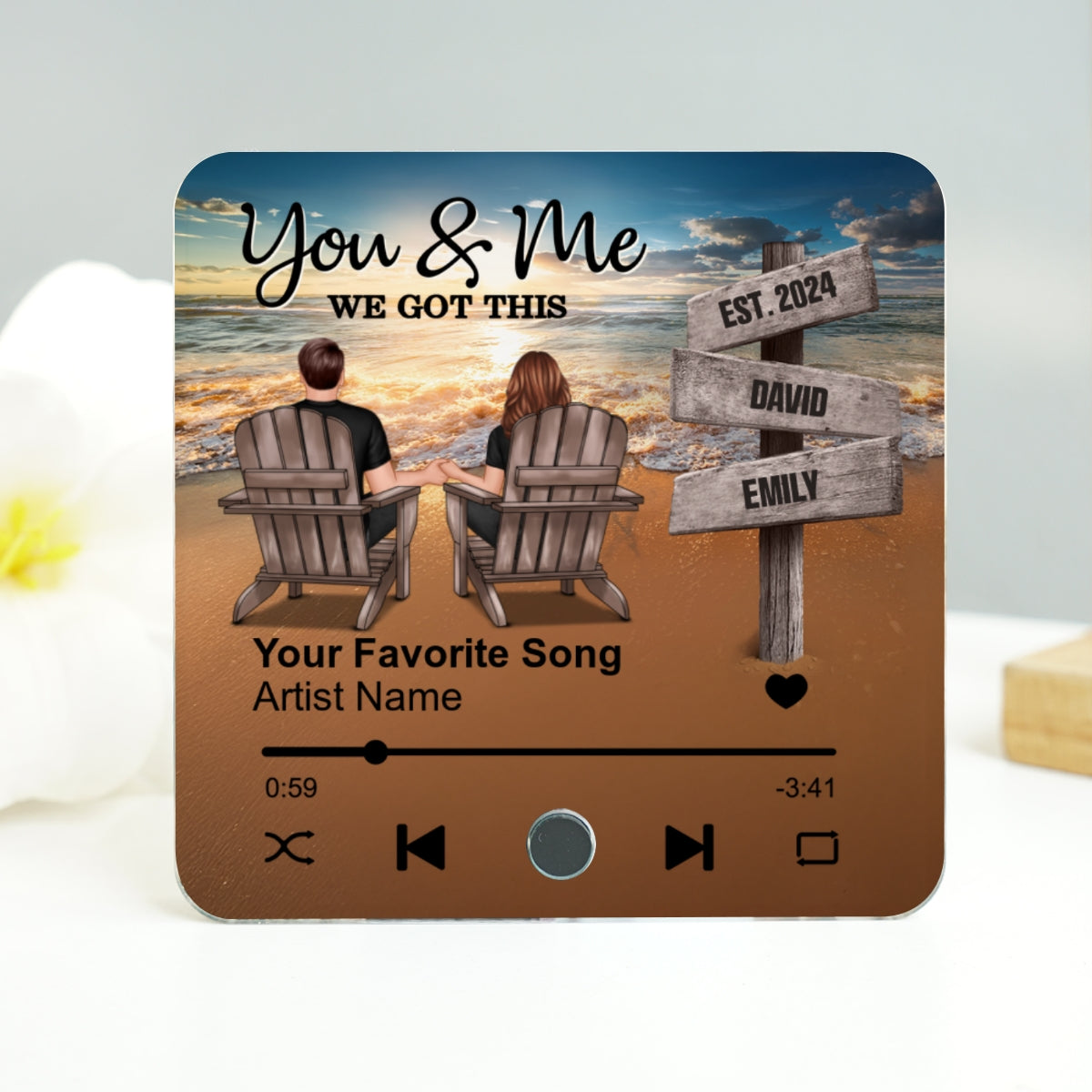 Romantic Beach Landscape Couple Sitting Holding Hands Sign Posts - Personalized Music Fridge Magnet - Heartfelt Gift For Couple, For Him, For Her, Husband, Wife