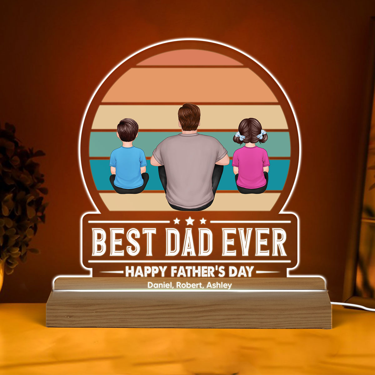Best Dad Ever Retro Man Kids Dogs Cats Back View Personalized Warm Acrylic Custom Shape LED Night Light
