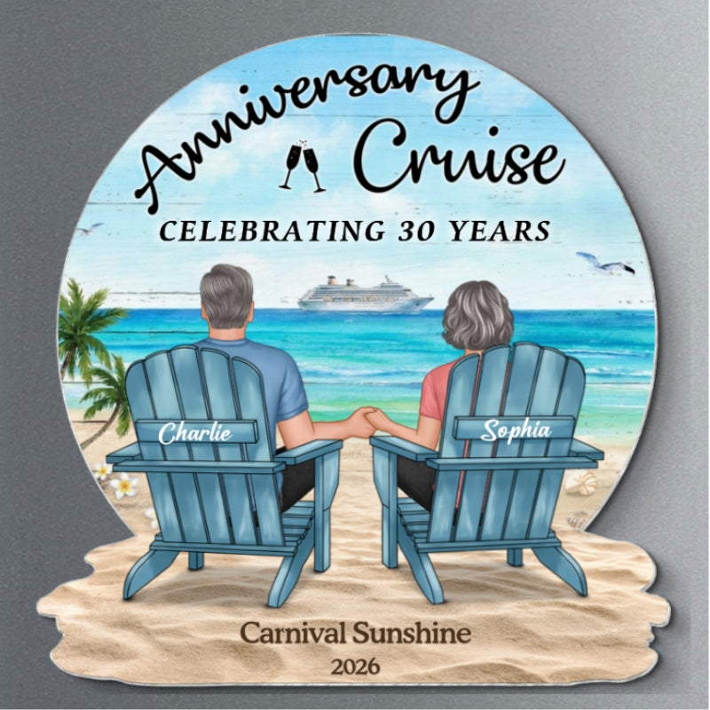 Celebrating Anniversary Couple Back View At The Beach - Personalized Cruise Cabin Door Magnet - Anniversary Cruise Keepsake