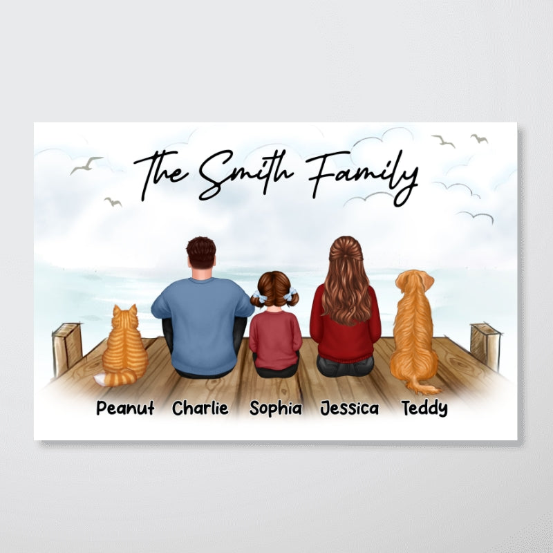 Family Dad Mom Kids Dogs Cats Sitting On The Bridge Personalized Poster, Birthday And Anniversary Gift For Dad, Mom, Husband, Wife