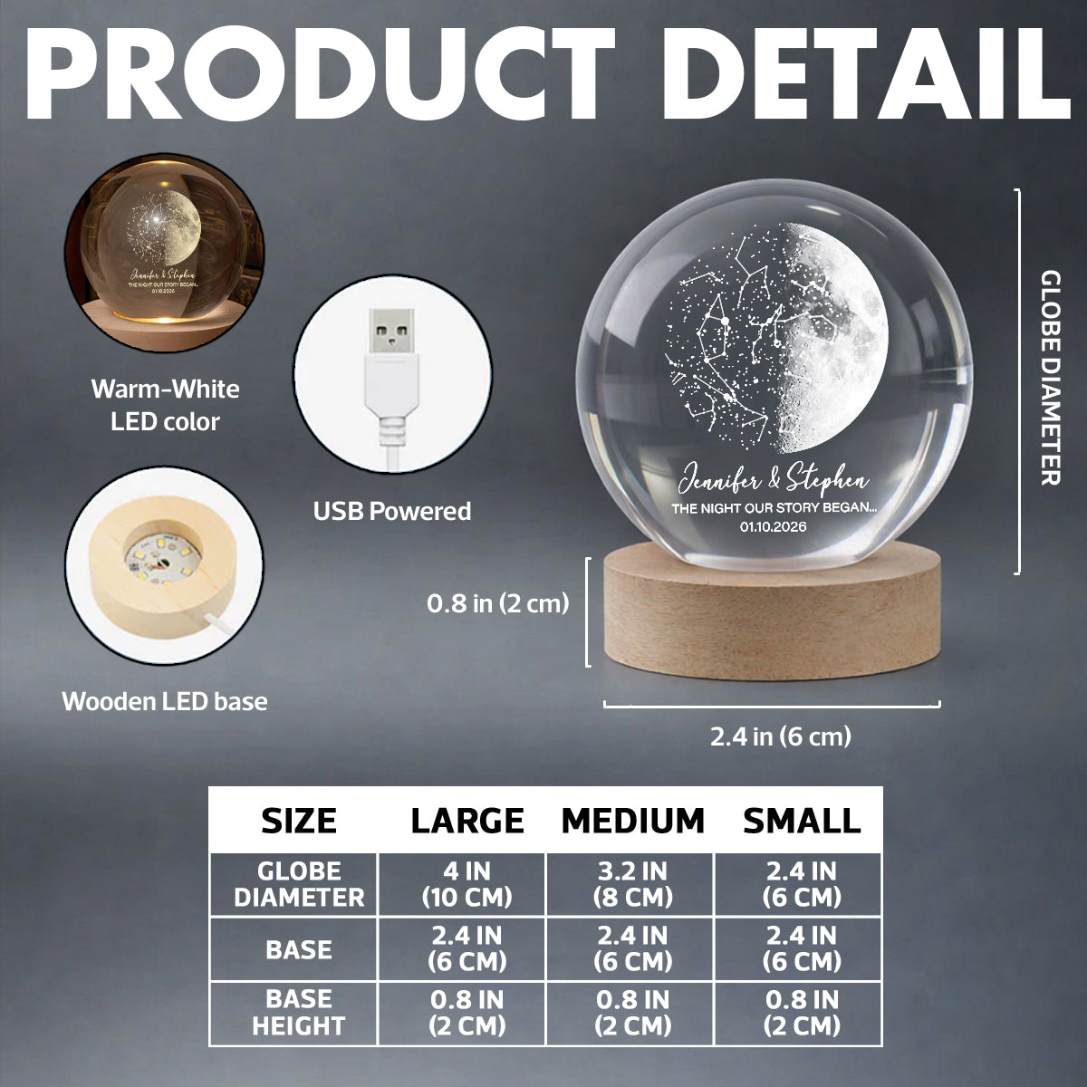 Custom Moon Phase & Star Map by Date - Personalized Crystal Ball Night Light - Heartfelt Anniversary Gift, Valentine's Day Gift for Her, for Him