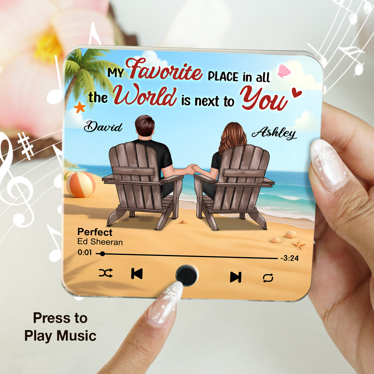 My Favorite Place in All the World is Next to You, Summer Couple Sitting Back View Personalized Music Fridge Magnet