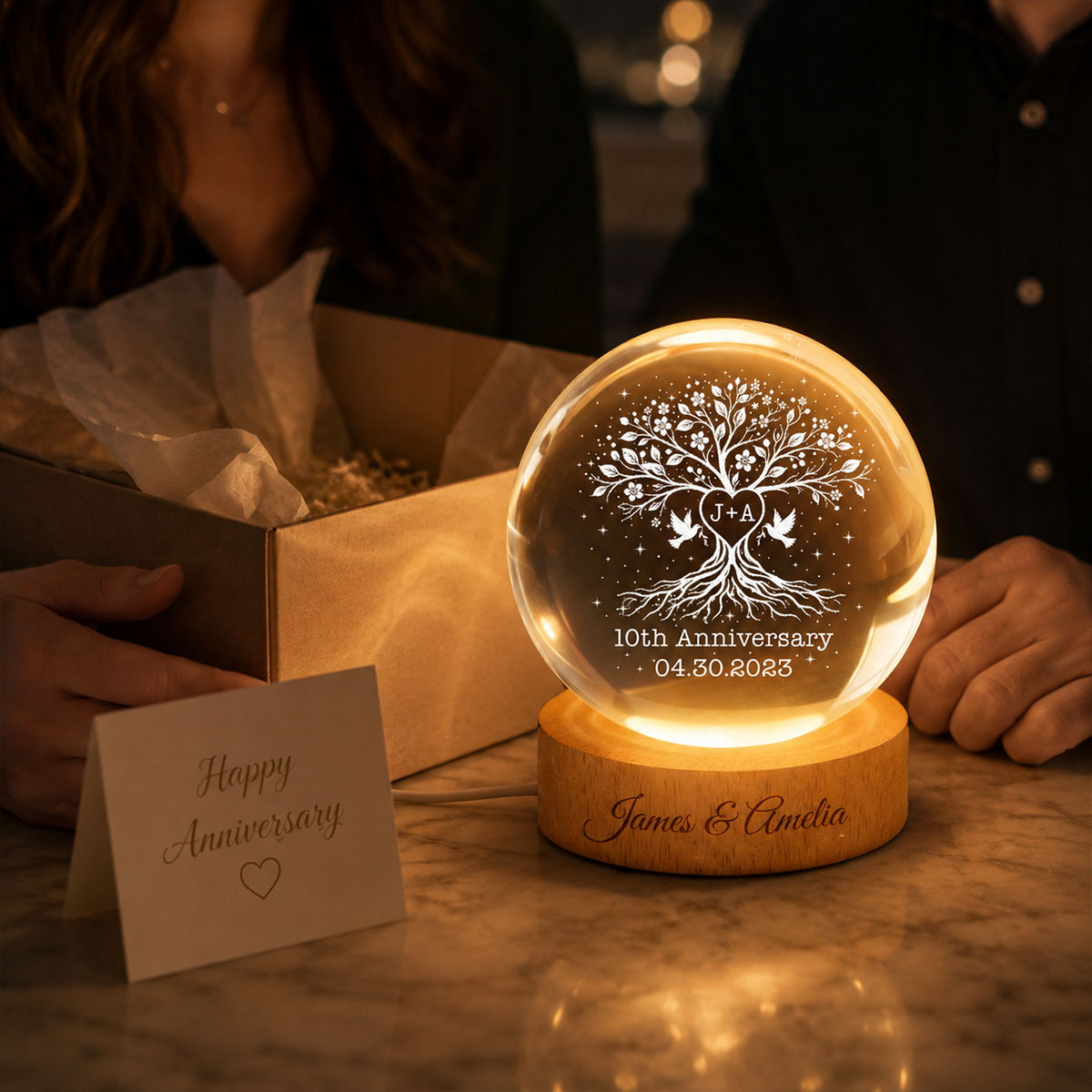 Wedding Anniversary Tree of Life - Personalized Crystal Ball LED Night Light - Heartfelt Gift for Her, Gift for Him