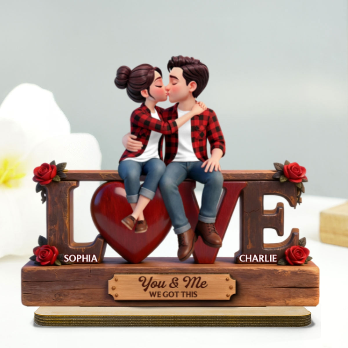 Eternal Rose LOVE Couple Forever Together - Personalized 2-Layered Wooden Plaque - Heartfelt Gift For Couple, For Him, For Her