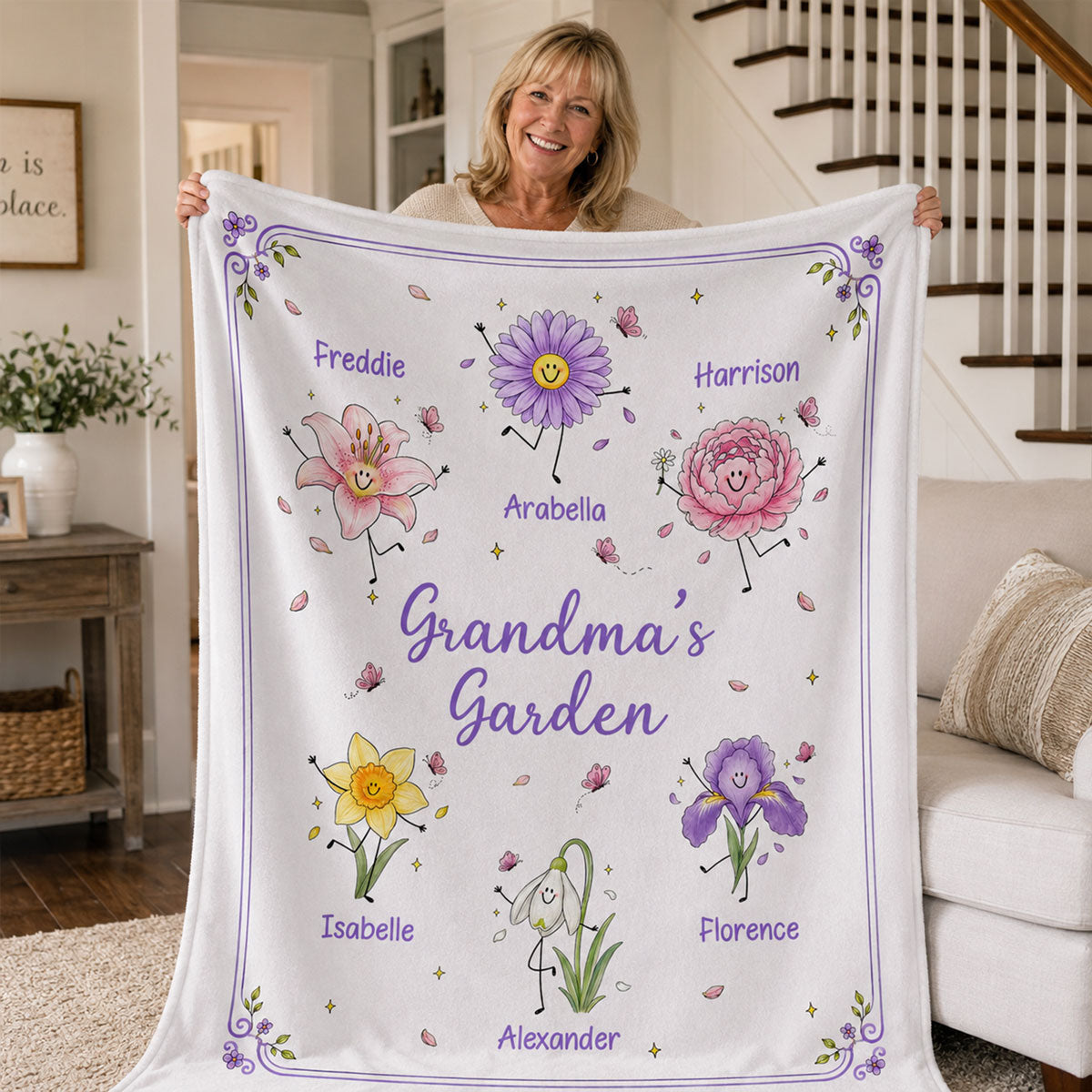 Grandma's Garden Cute Doodle Birth Month Flowers - Personalized Fleece Blanket - Gift For Grandma