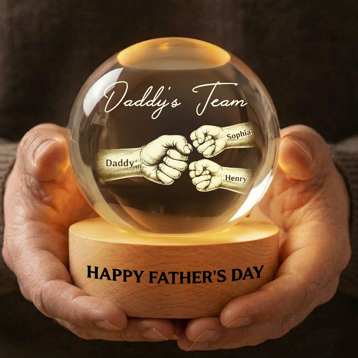 Daddy's Team Fist Bump - Personalized Crystal Ball LED Night Light -  Gift For Dad, Husband
