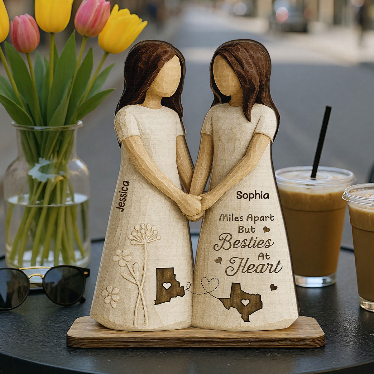 Miles Apart Besties At Heart 3D Effect Personalized Standing Wooden Plaque, Birthday Gift, Long Distance Friendship Gift for Best Friends