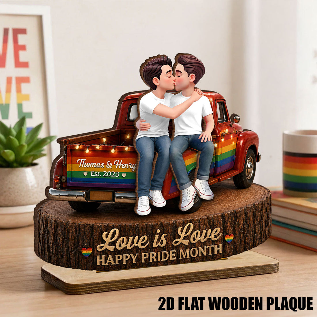 LGBT+ Couple Truck Love Is Love - Personalized 2-Layered Wooden Plaque - Gift For Couple, Happy Pride Month