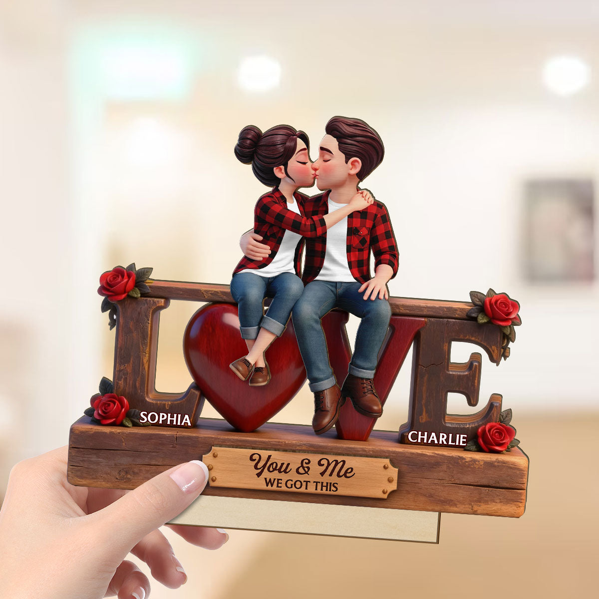 Eternal Rose LOVE Couple Forever Together - Personalized 2-Layered Wooden Plaque - Heartfelt Gift For Couple, For Him, For Her