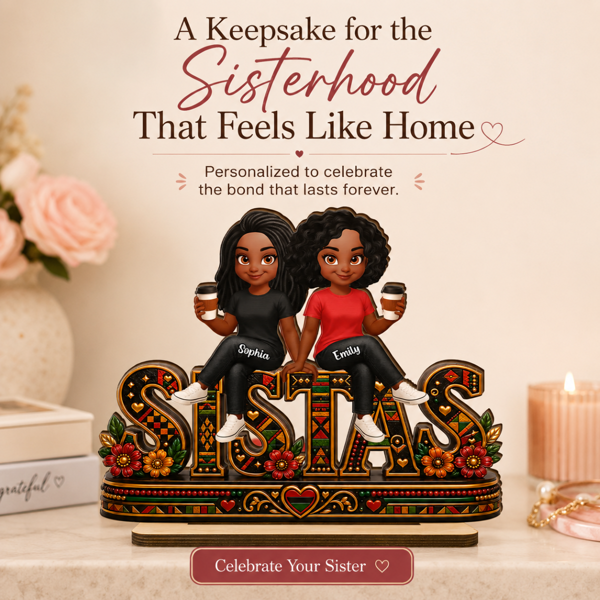 Tribal Patterned Besties Sisters Sistas Forever - Personalized 2-Layered Wooden Plaque - Birthday Gift, International Day of Friendship Gift For Best Friends