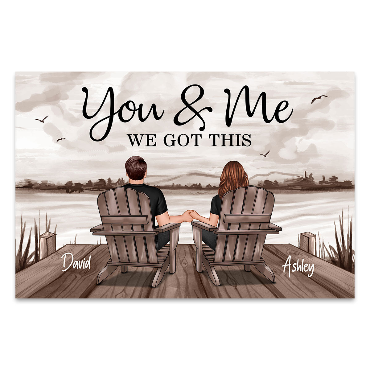 Couple Sitting Lake Landscape Retro Vintage - Personalized Poster - Anniversary Gift For Couple, For Dad Mom