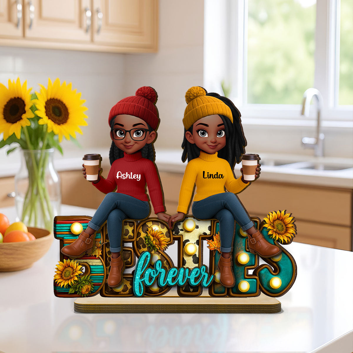 Western Fall Vibe Besties Sitting Personalized Standing Wooden Plaque, Fall Gift for Best Friends