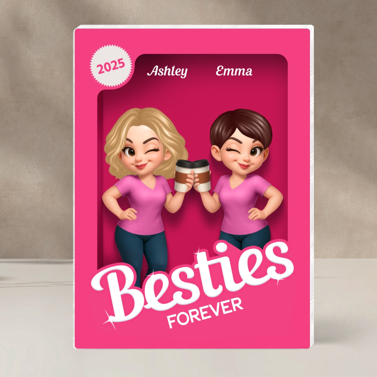 Besties Forever Pink Action Figure 3D Effect - Personalized Acrylic Block Plaque - Meaningful Gift For Best Friend