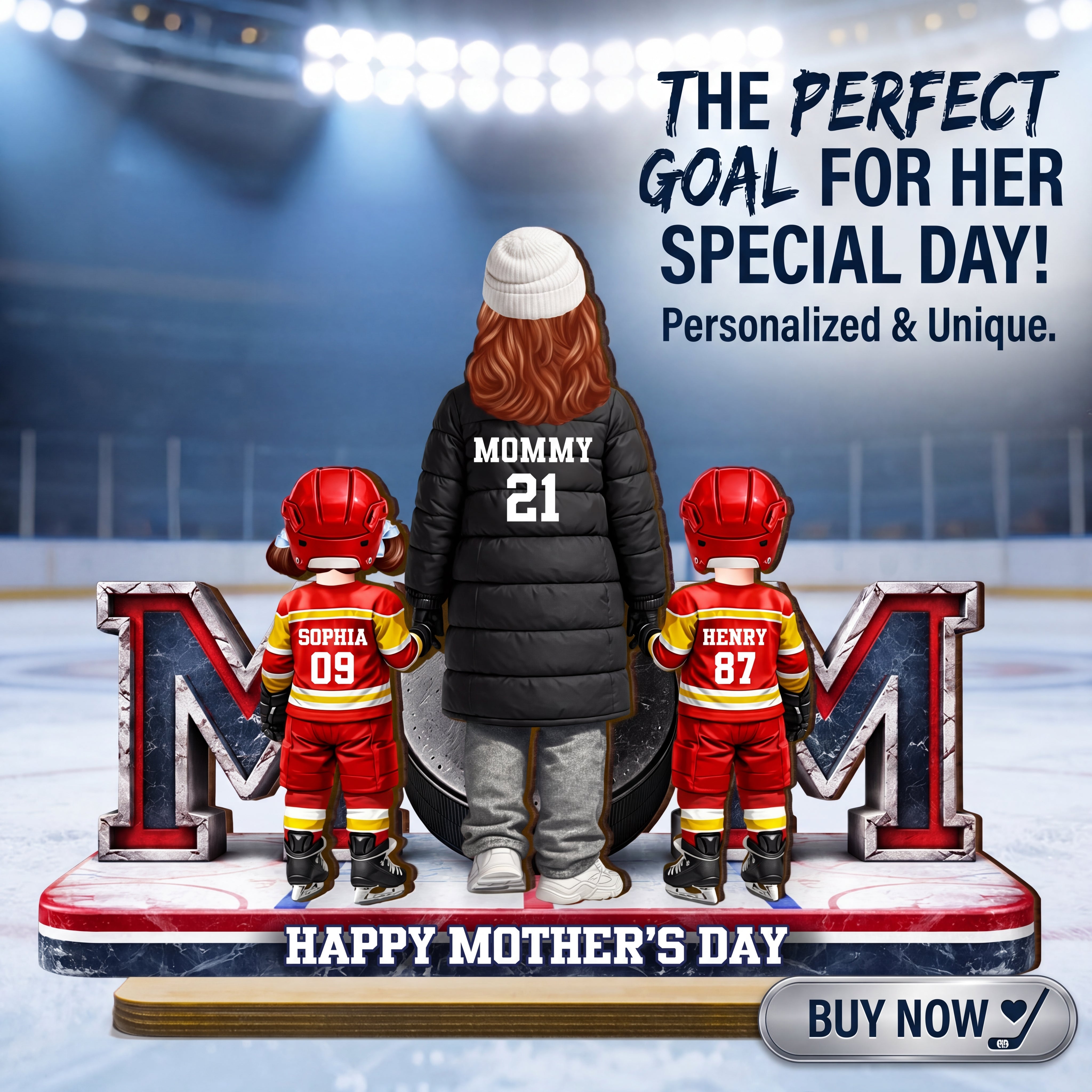 Hockey Mom And Kids Together - Personalized 2-Layered Wooden Plaque - Mother's Day Gift For Hockey Mom, Gift For Wife