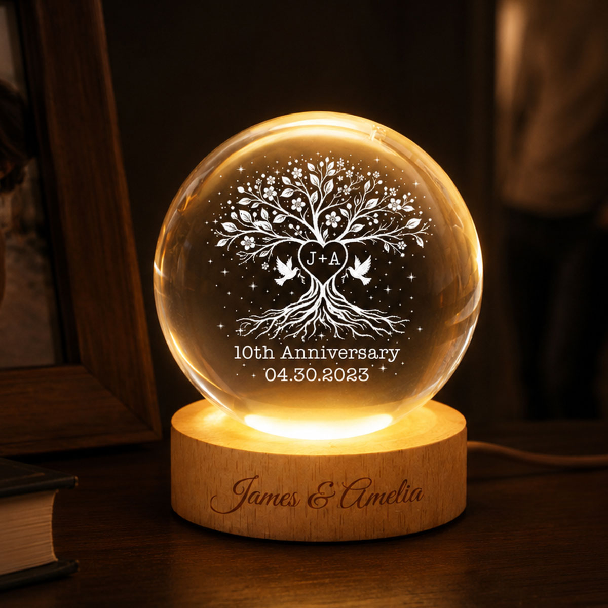 Wedding Anniversary Tree of Life - Personalized Crystal Ball LED Night Light - Heartfelt Gift for Her, Gift for Him