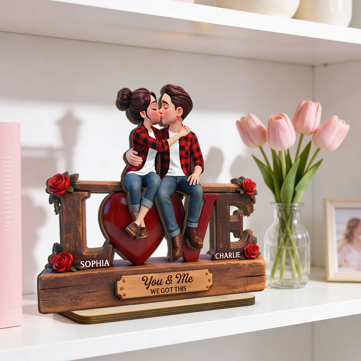 Eternal Rose LOVE Couple Forever Together - Personalized 2-Layered Wooden Plaque - Heartfelt Gift For Couple, For Him, For Her