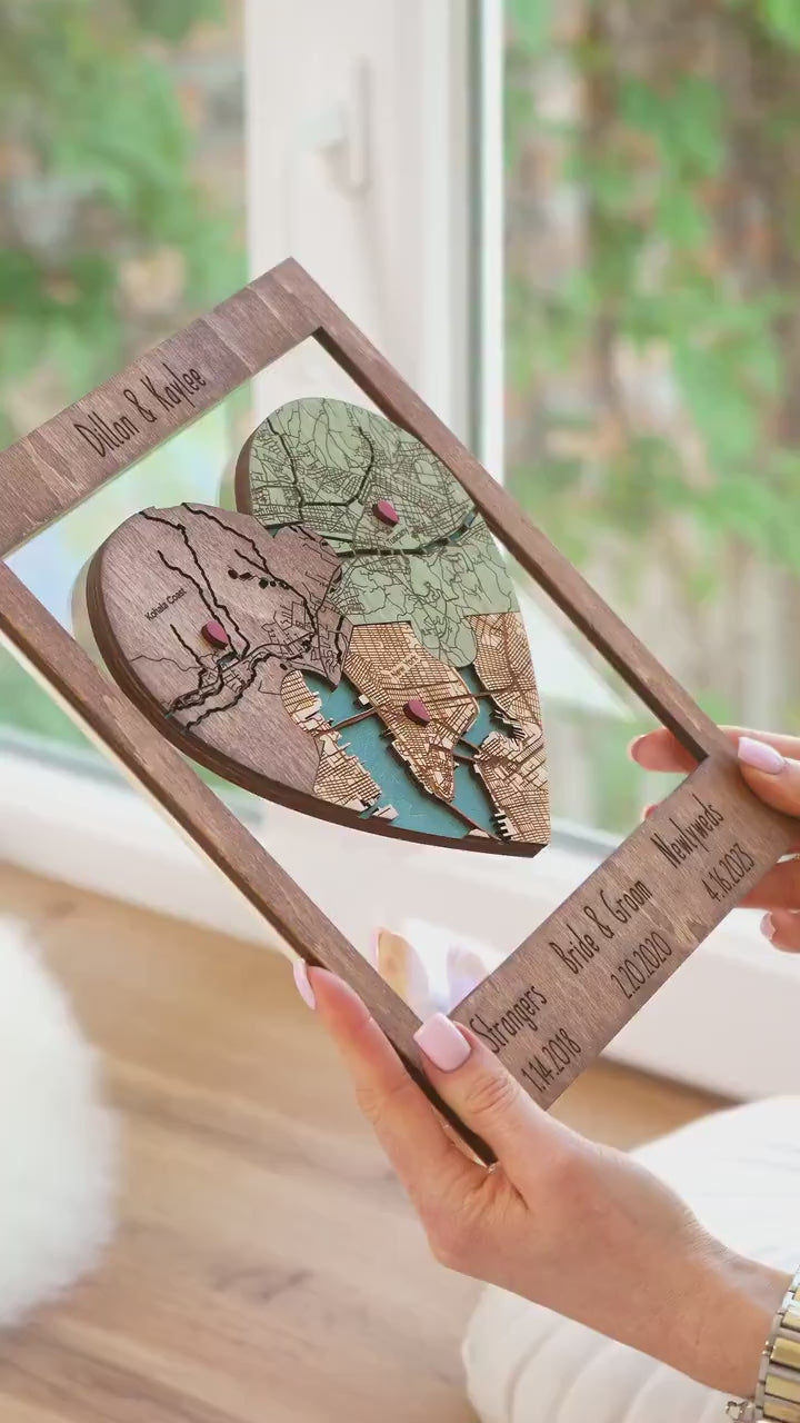 Met Engaged Married Wooden Map, Three Locations Heart Puzzle Map, Framed Wall Decor Gift, Personalized Wedding Anniversary Gift for Couple