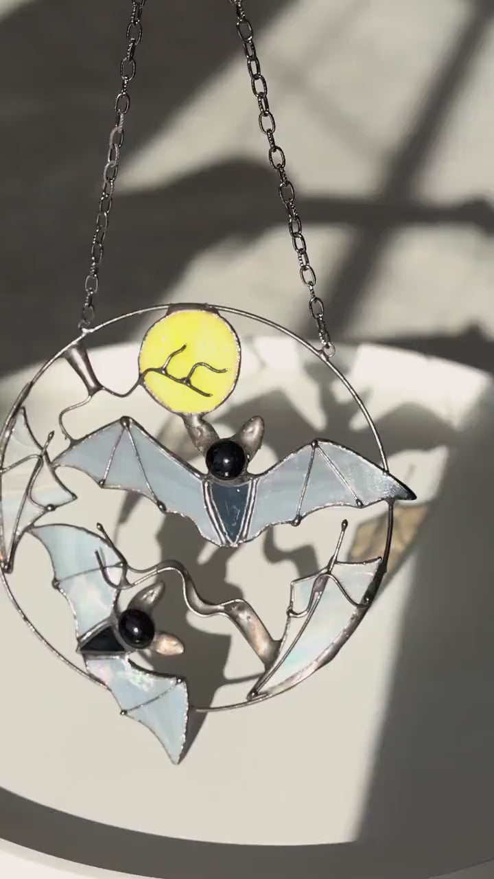 Stained Glass Bat Suncatcher – Halloween Window Hanging Decor, Gothic Moon, Spooky Gift, Flying Bats Wall Art