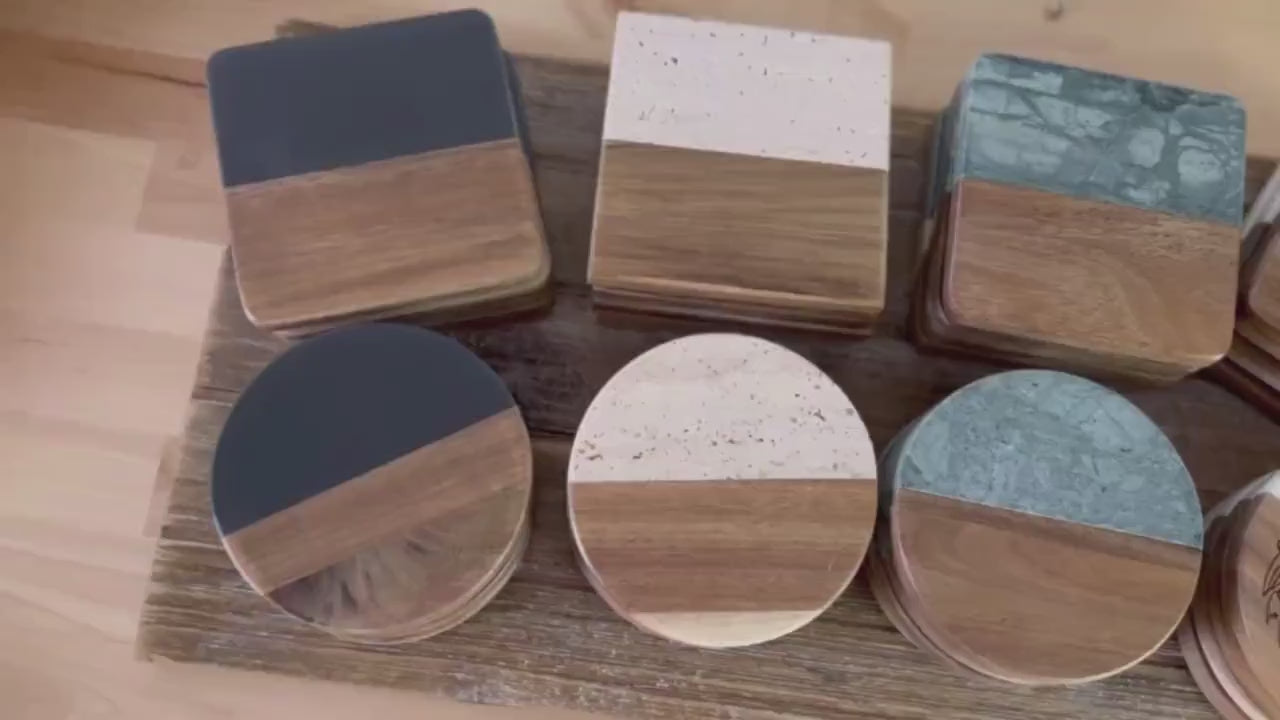 Engraved Custom Coasters, Personalized Round Coaster Set, Housewarming Gift, Personalized Anniversary Gift, Marble Wood Drink Coasters