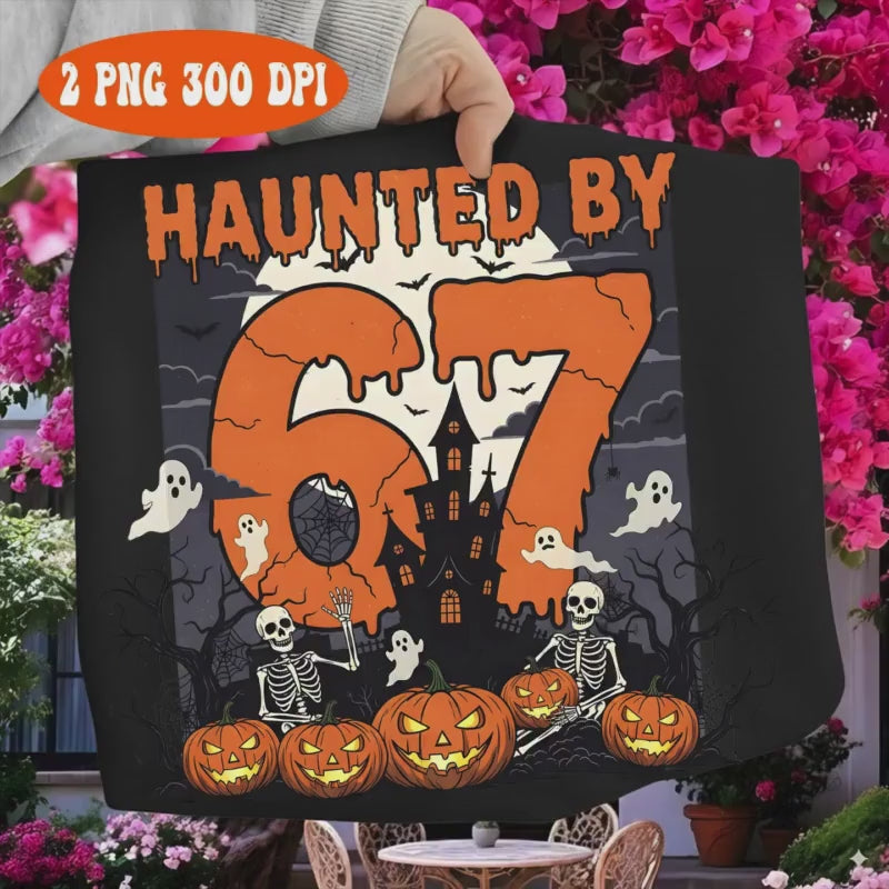 Haunted 67 Halloween Hoodie – Skeleton Hands, Haunted House, Pumpkin & Ghost Design