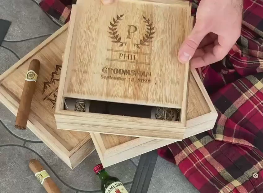 Personalized Groomsmen Gift Box Set: Leather Wrap Flask + Classic pocket knife + Leather Bottle Opener - proposal box set custom engraved
