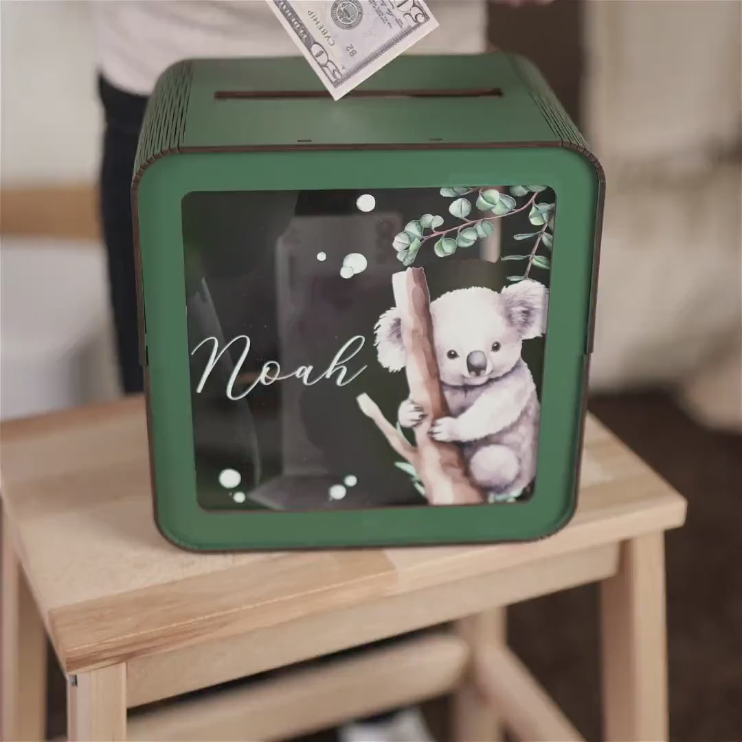 Personalized Large Wooden Piggy Bank for Kids, Custom Name Gift for Toddler, Acrylic Glass Coin Bank, Unique Birthday Gift for Kid