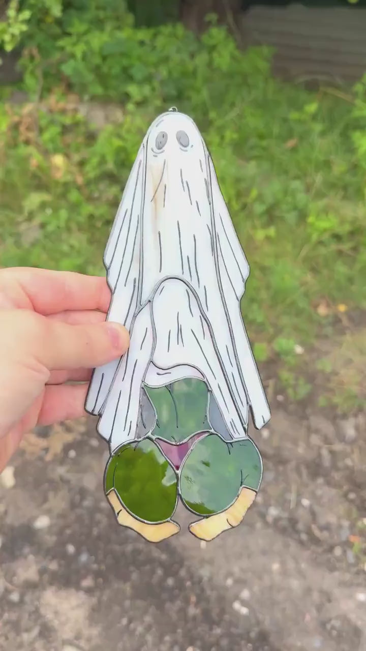 Funny Ghost Stained Glass. Handmade Halloween Decor for Spooky Season. Hilarious Ghost Suncatcher for Witchy Homes & Unusual Window Art Fans