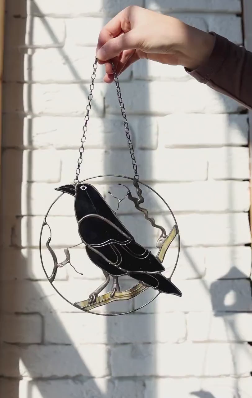 Stained Glass Black Raven Suncatcher: Gothic Window Hanging Art