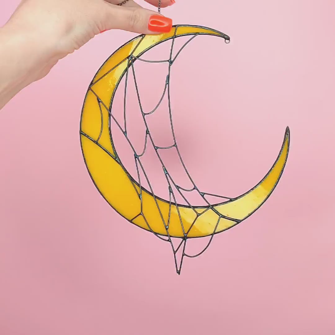 Crescent Moon Decor with Spiders. Unique Stained Glass Halloween Suncatcher for Witchy and Spooky Rooms. Crescent Moon Gift with Spider Web