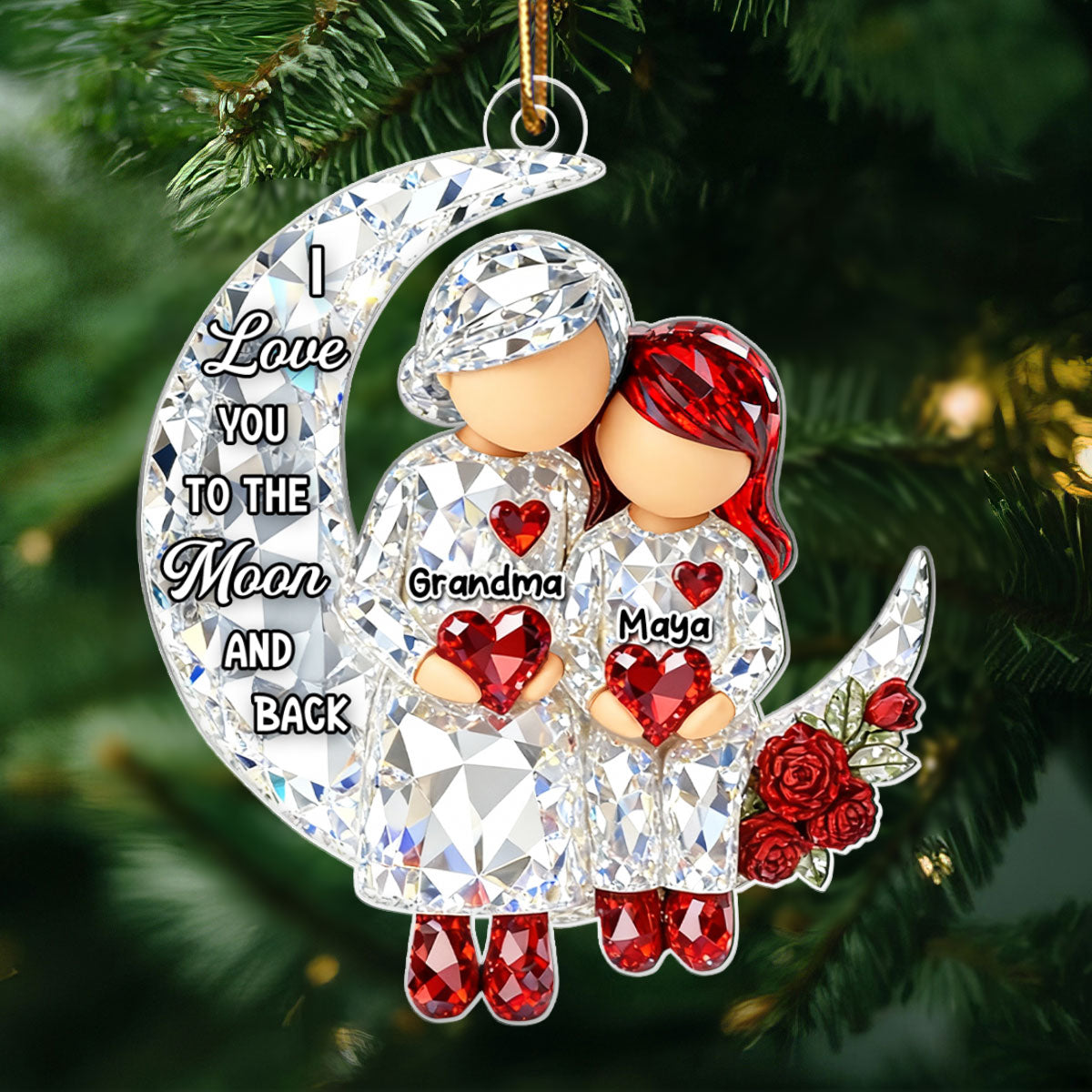 3D Crystal Effect Grandma Grandpa Grandkid Sitting on Moon  - Personalized Acrylic Ornament - Christmas Gift for Grandma, Grandkids