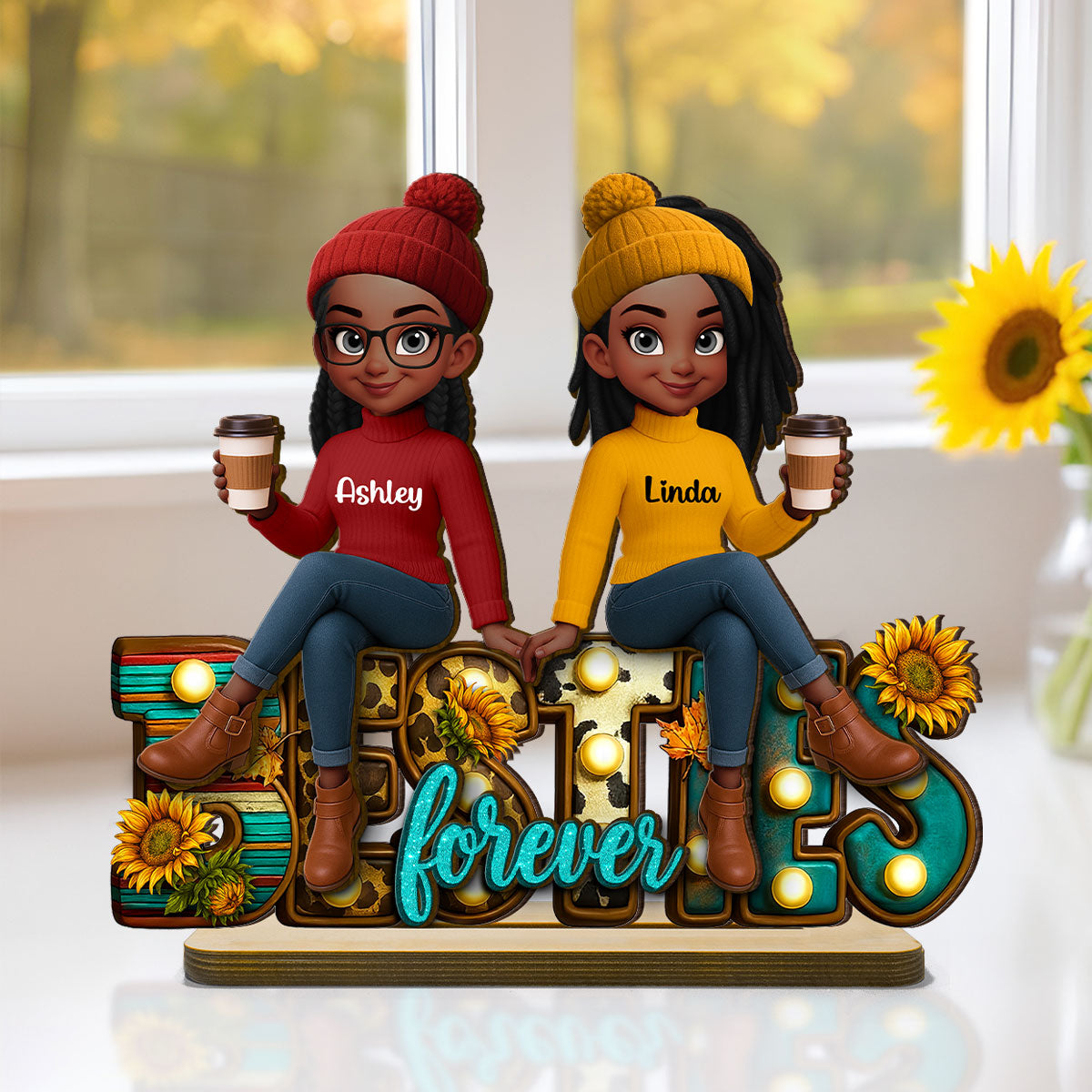 Western Fall Vibe Besties Sitting Personalized Standing Wooden Plaque, Fall Gift for Best Friends