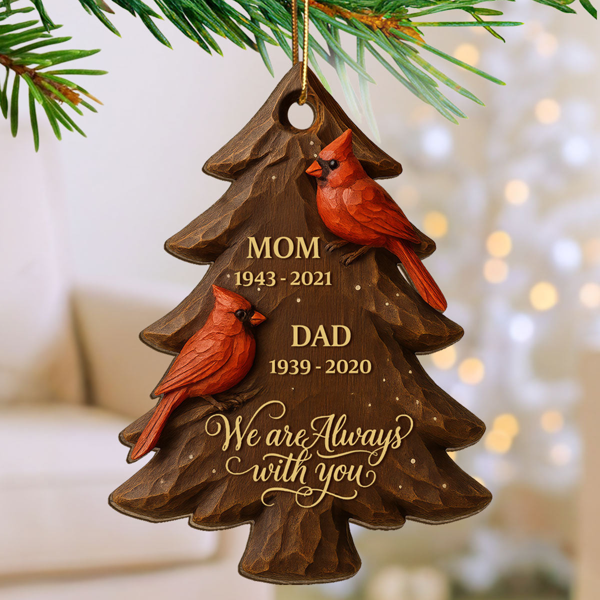 3D Effect Christmas Cardinals Memorial - Personalized Wooden Ornament - Remembrance Gift, Sympathy Gift