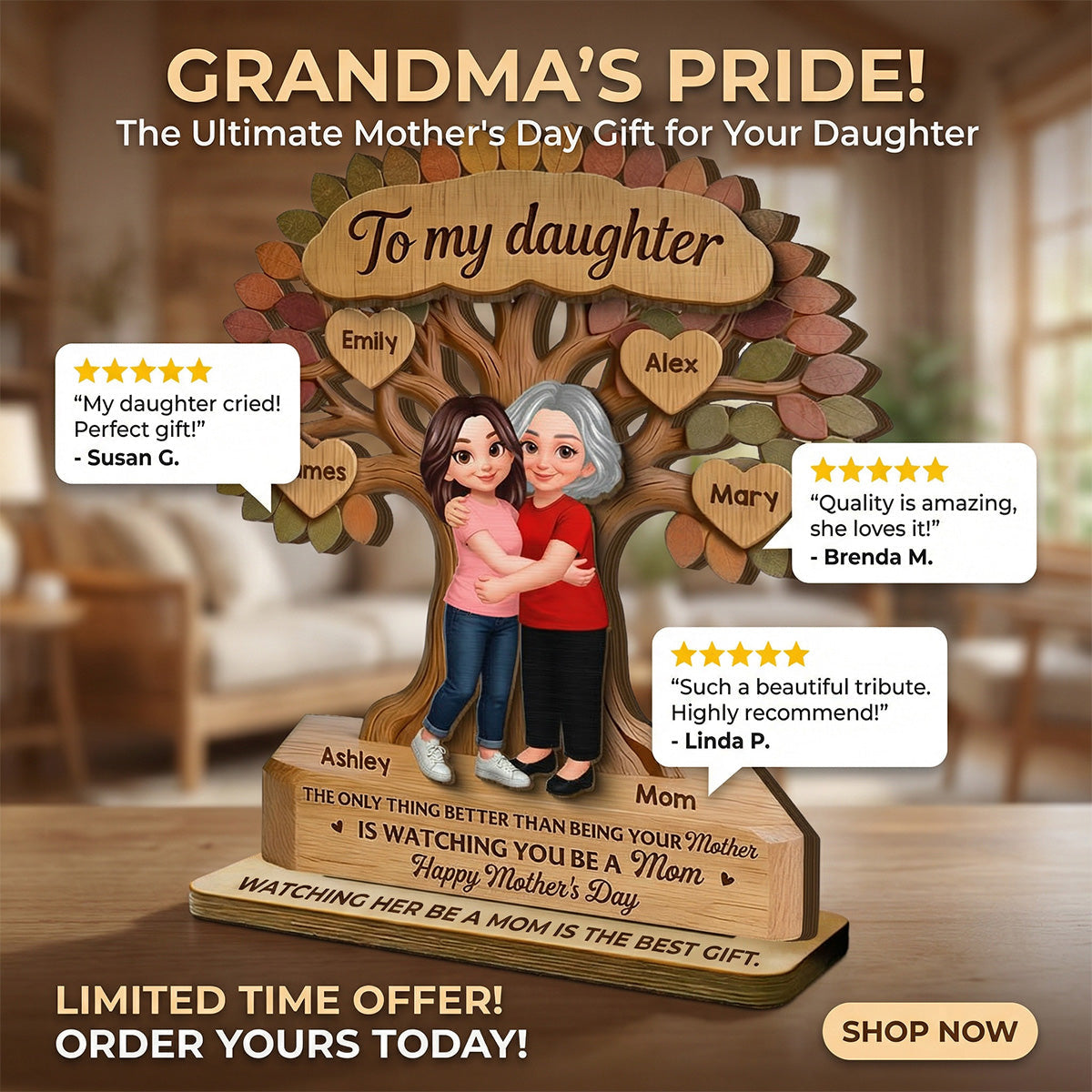 To My Daughter From Mom Happy Mother's Day Tree Of Life Custom Kids Names - Personalized 2-Layered Wooden Plaque - Mother's Day Gift For Daughter