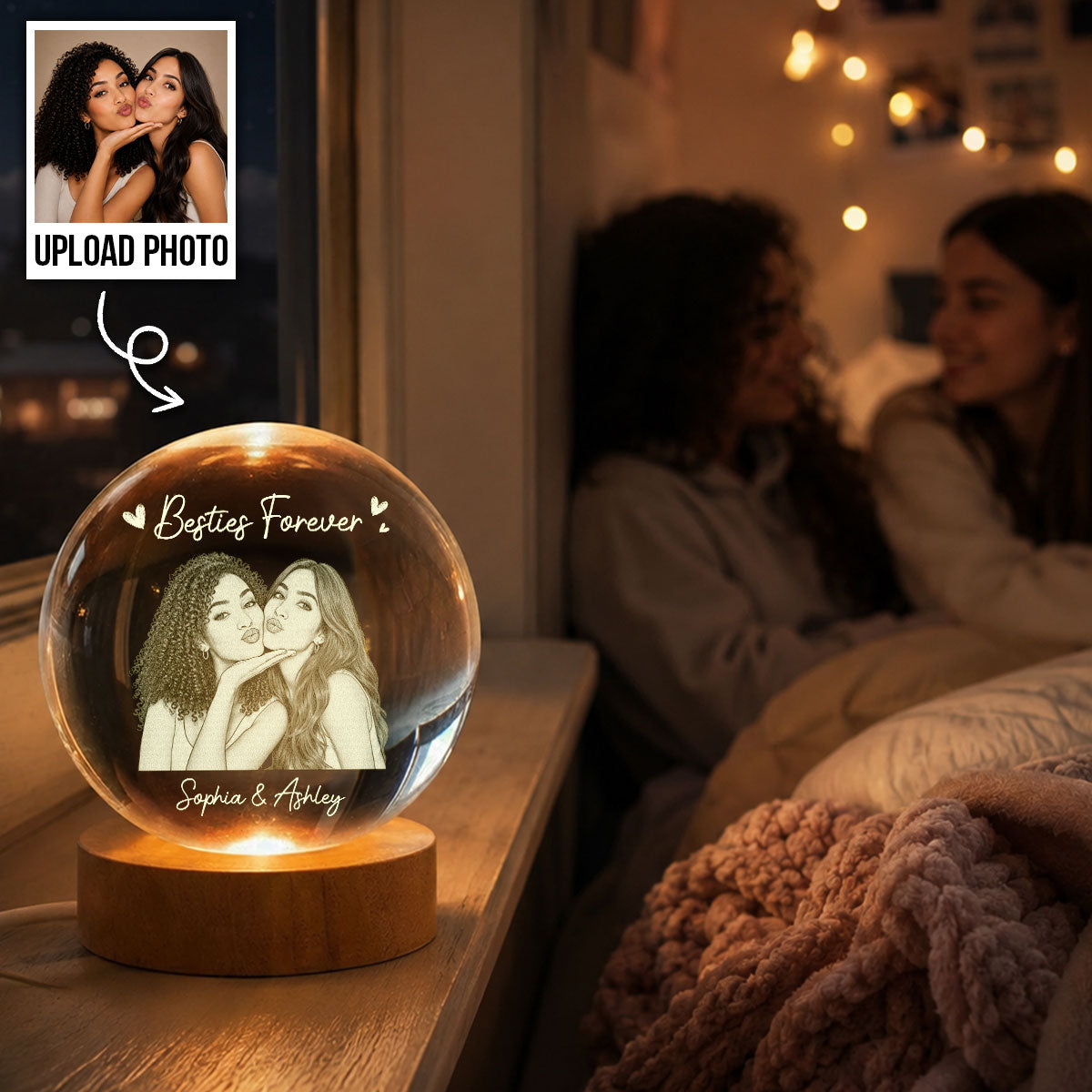 Besties Forever Custom Photo - Personalized Crystal Ball LED Night Light - Birthday Gift, Gift For Best Friends