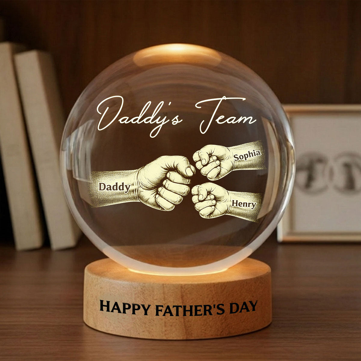 Daddy's Team Fist Bump - Personalized Crystal Ball LED Night Light -  Gift For Dad, Husband