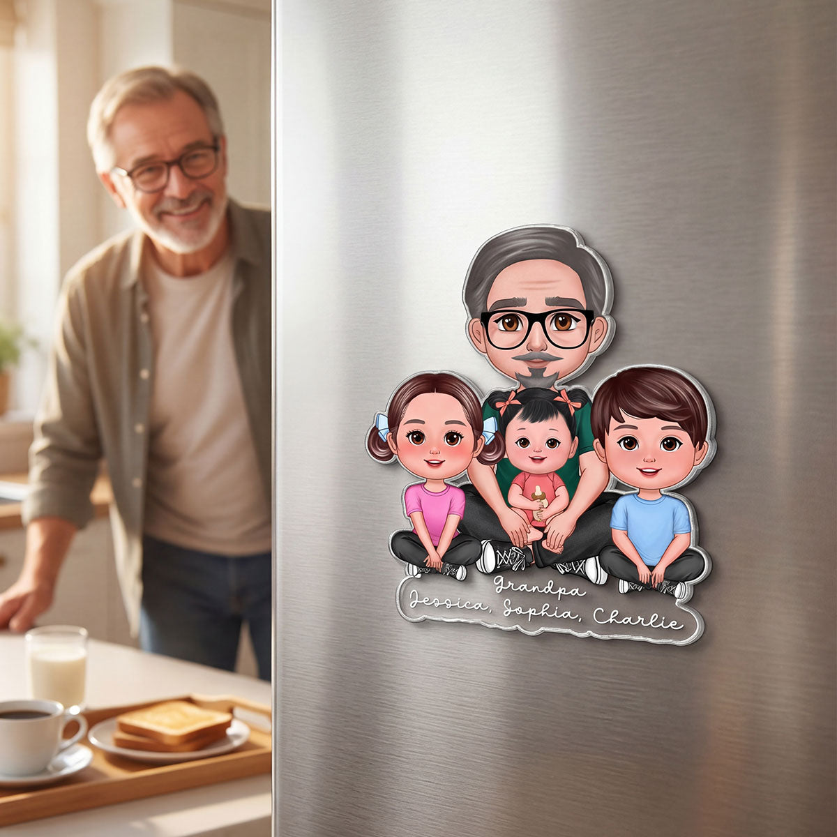 Forever Love Dad Grandpa Sitting With Kids - Personalized Acrylic Fridge Magnet - Father's Day Gift For Dad, Husband, Grandpa