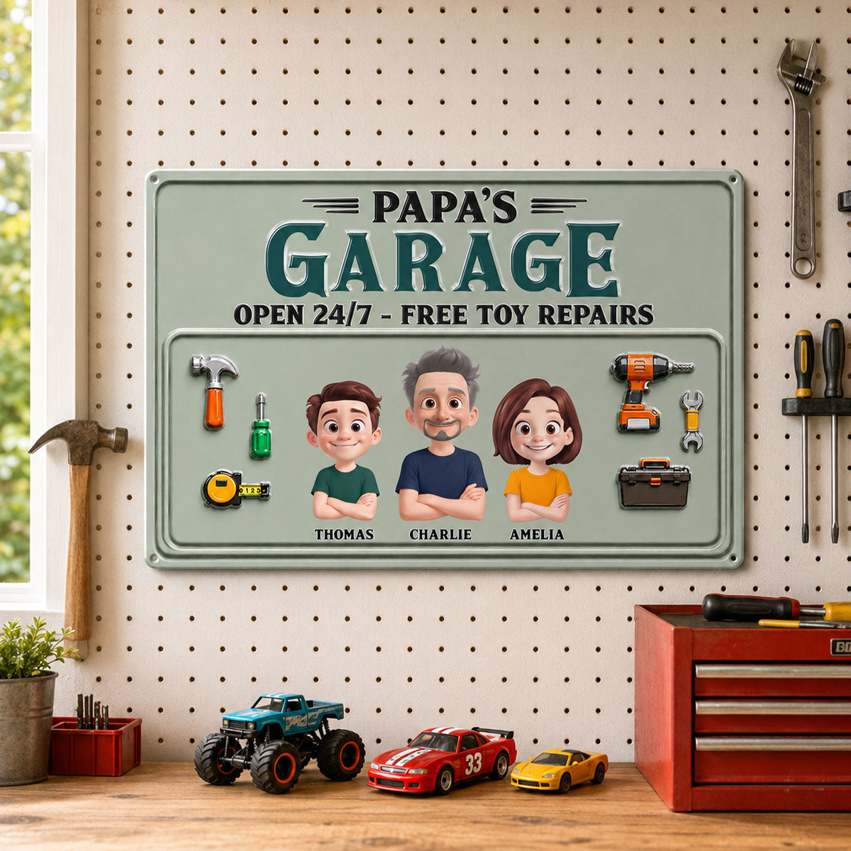 Dad's Garage Open 24/7 Free Toy Repairs - Personalized Metal Sign - Heartfelt Gift For Dad, Grandpa, Husband
