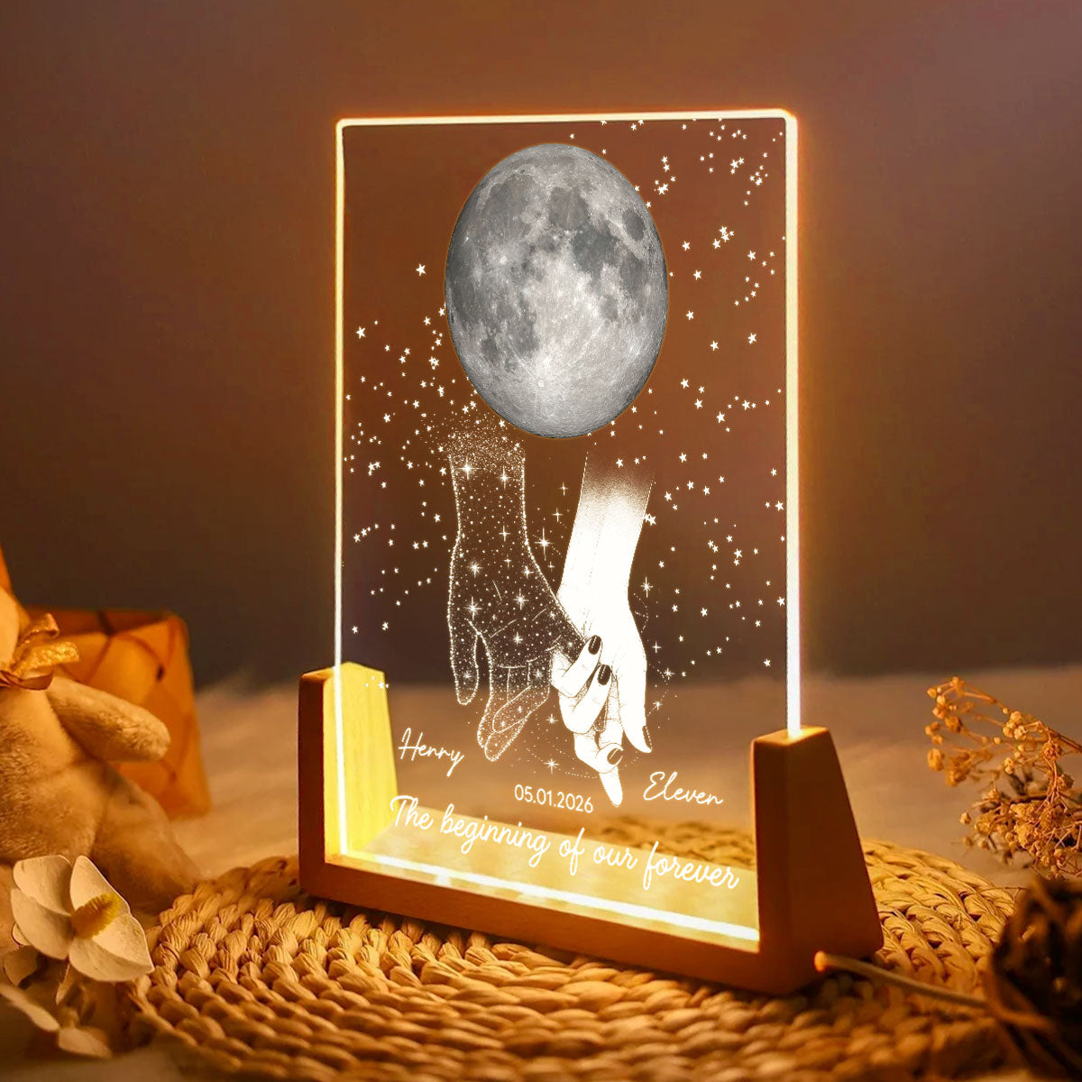 Couple Moon Phase The Beginning Of Our Forever - Personalized Acrylic LED Night Light - Wedding Anniversary Gift For Couple