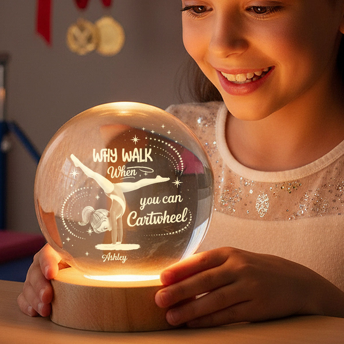 Why Walk When You Can Cartwheel Gymnastic Girl - Personalized Crystal Ball Night Light - Gymnast Gift For Daughter, Granddaughter
