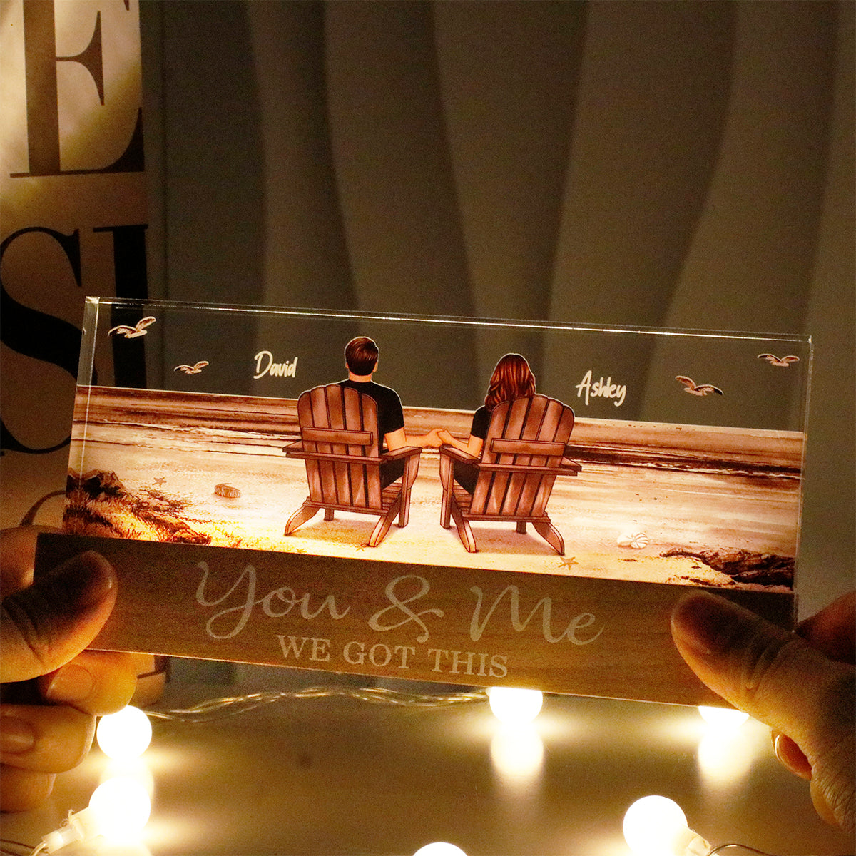 Couple Sitting At Beach Retro - Personalized Acrylic Block Plaque LED Night Light - Anniversary Gift For Couple, For Dad Mom