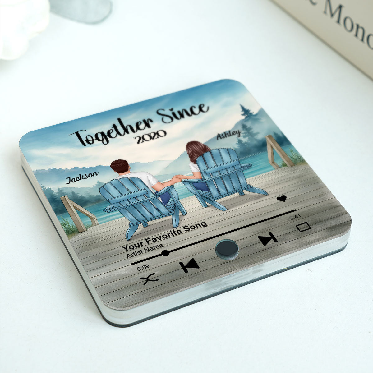 Lakeside Mountain Landscape Couple Back View Personalized Music Fridge Magnet, Anniversary Gift for Him for Her