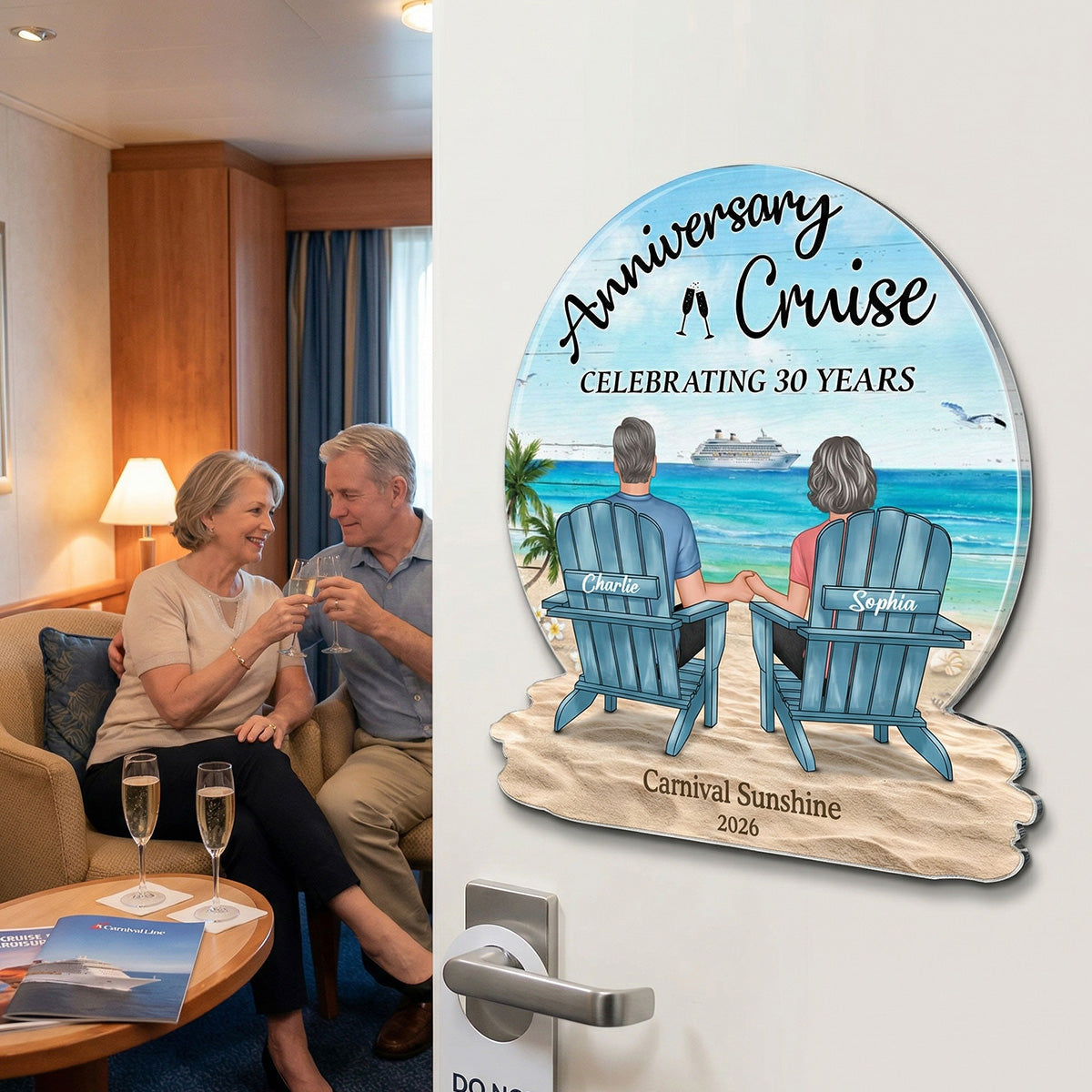 Celebrating Anniversary Couple Back View At The Beach - Personalized Cruise Cabin Door Magnet - Anniversary Cruise Keepsake