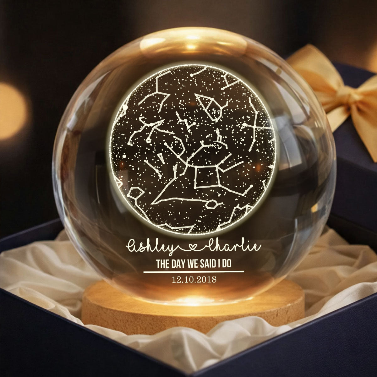 Custom Constellation Couple Star Map by Date - Personalized Crystal Ball Night Light - Heartfelt Anniversary Gift, Valentine's Day Gift for Her, for Him