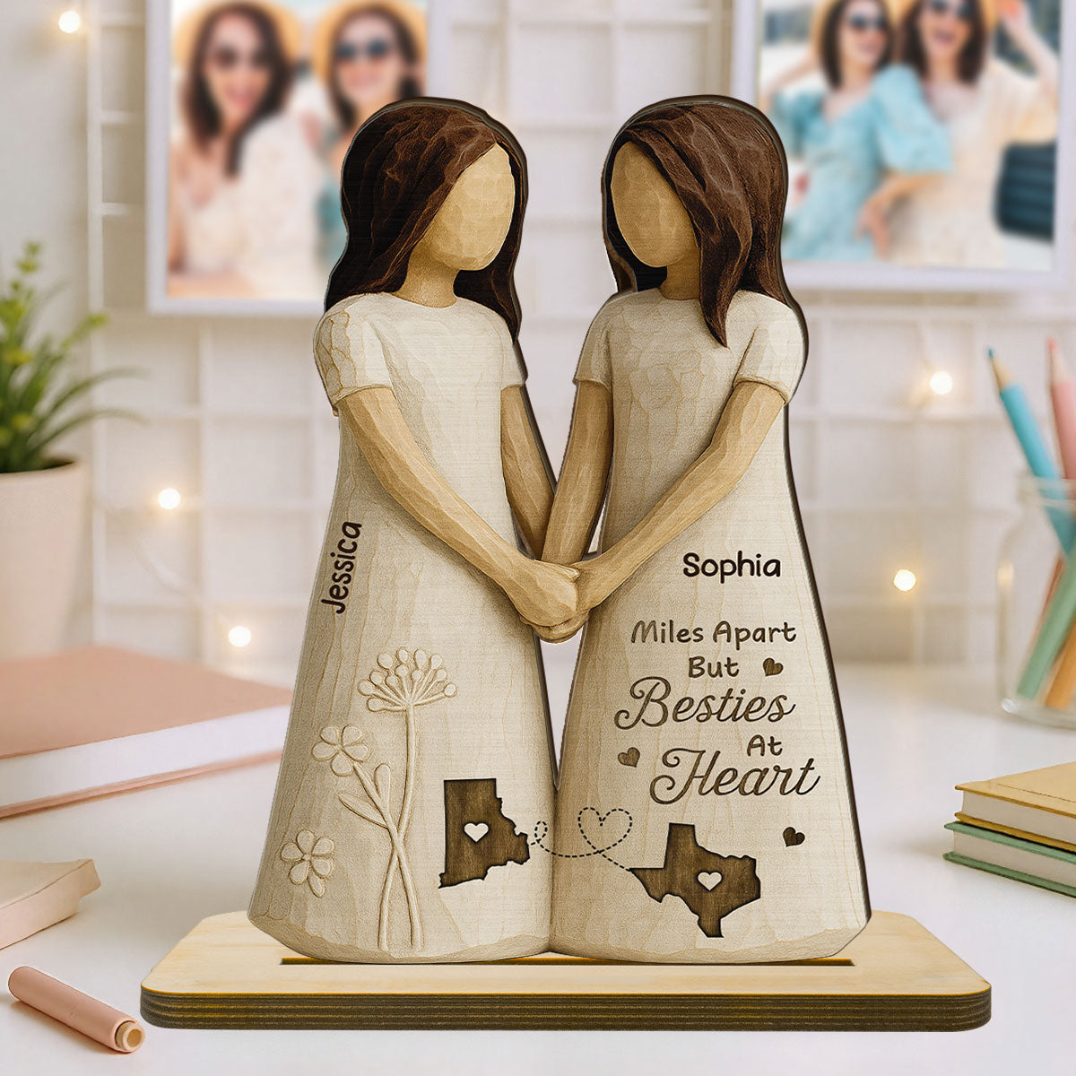 Miles Apart Besties At Heart 3D Effect Personalized Standing Wooden Plaque, Birthday Gift, Long Distance Friendship Gift for Best Friends