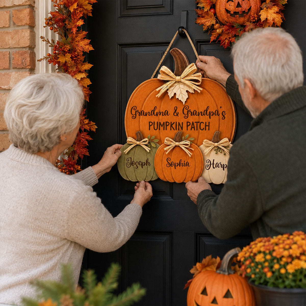 Grandma Grandpa's Pumpkin Patch 2D Flat - Personalized Door Hanger - Fall Season Decor For Grandparents