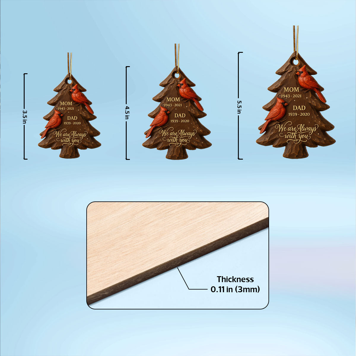 3D Effect Christmas Cardinals Memorial - Personalized Wooden Ornament - Remembrance Gift, Sympathy Gift