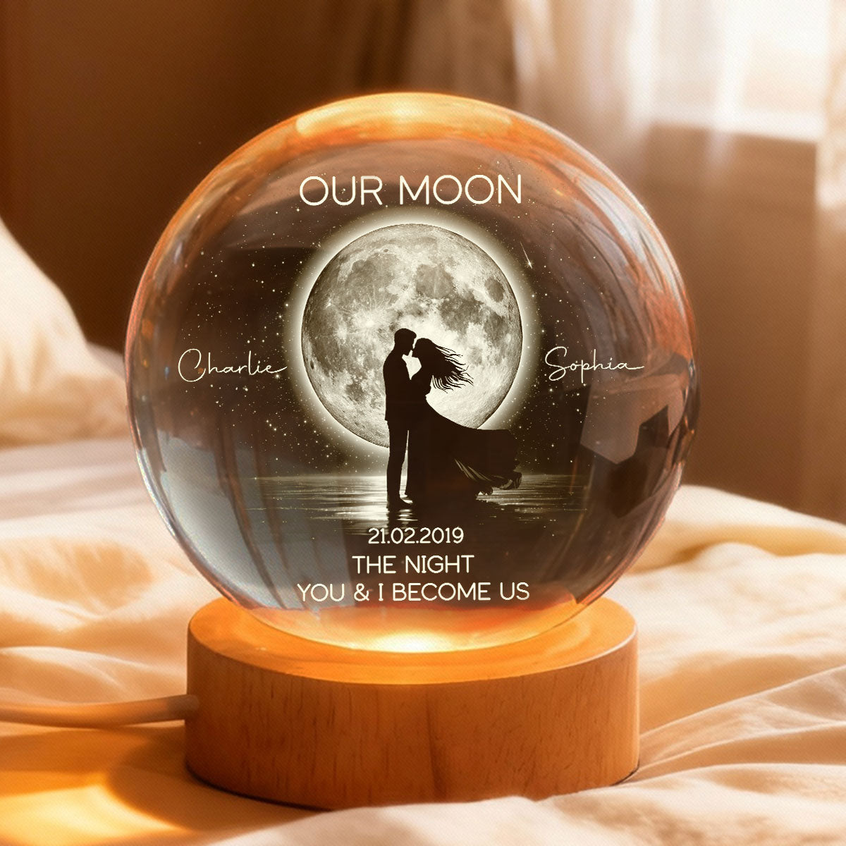 Couple Kissing Under the Moonlight, Custom Moon Phase by Date - Personalized Crystal Ball LED Night Light - Sentimental Gift for Her, for Him